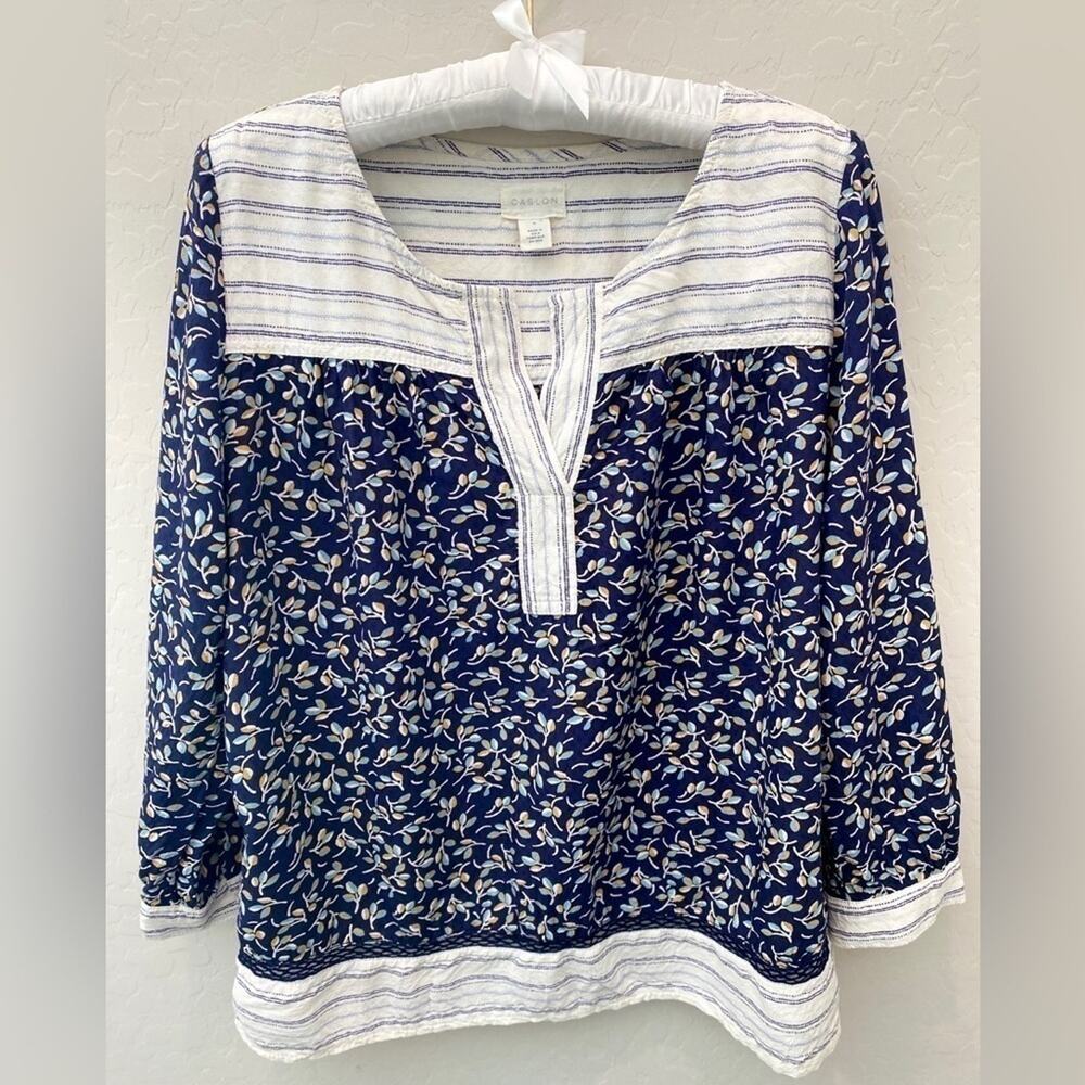 CASLON | Mixed Boho Floral Stripe Tunic Top Blue White | Size Small